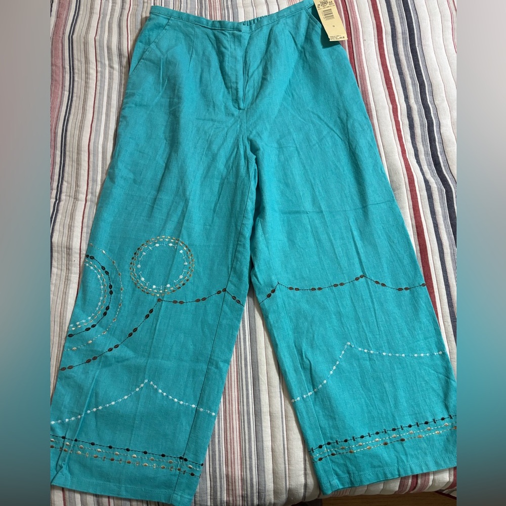 Turquoise Linen Embroidered Pants